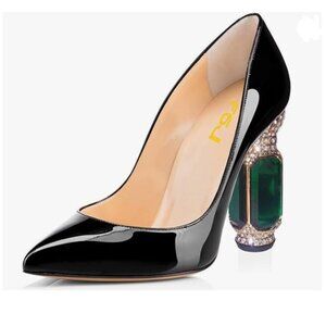 FSJ Black Bridal Pointed Toe Chunky Block High Heel Crystal Pumps Dress Shoes